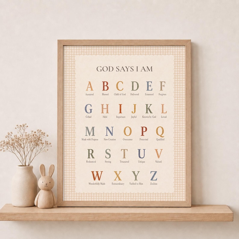 May include: A framed wall art print featuring the alphabet from A to Z in various muted colors. Each letter is paired with a corresponding word, such as Accepted for A and Zealous for Z. The title reads GOD SAYS I AM in dark text.