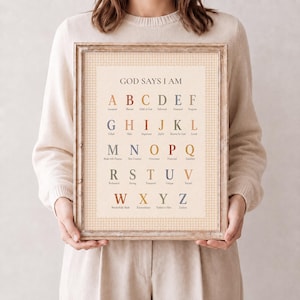 May include: A framed wall art print featuring the text GOD SAYS I AM at the top, followed by the alphabet from A to Z in a serif font. Each letter is paired with a corresponding word in a muted color palette, set against a light beige gingham background.