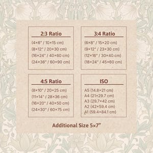 May include: A beige informational chart displaying various print aspect ratios and dimensions in inches and centimeters. The text includes 2:3, 3:4, 4:5, and ISO ratios with specific sizes like 4x6 inches, 8x10 inches, and A4, plus an additional 5x7 inch size.