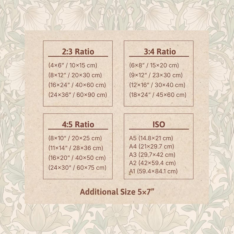 May include: A beige informational chart displaying various print aspect ratios and dimensions in inches and centimeters. The text includes 2:3, 3:4, 4:5, and ISO ratios with specific sizes like 4x6 inches, 8x10 inches, and A4, plus an additional 5x7 inch size.