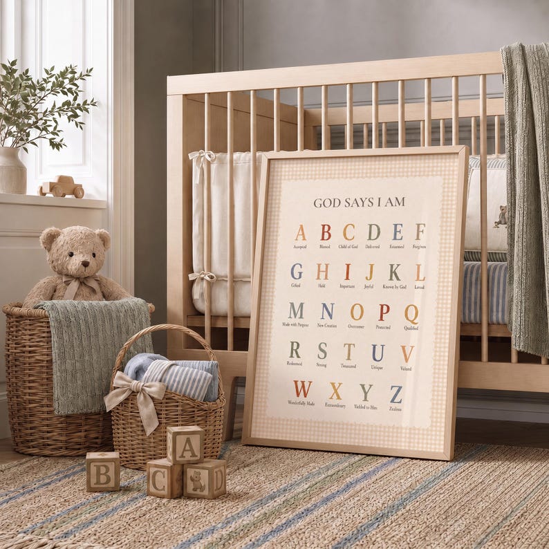 May include: A framed wall art print featuring the alphabet with the text "GOD SAYS I AM" and descriptive words under each letter. The print has a light beige background with a checkered border and is displayed in a light wood frame.