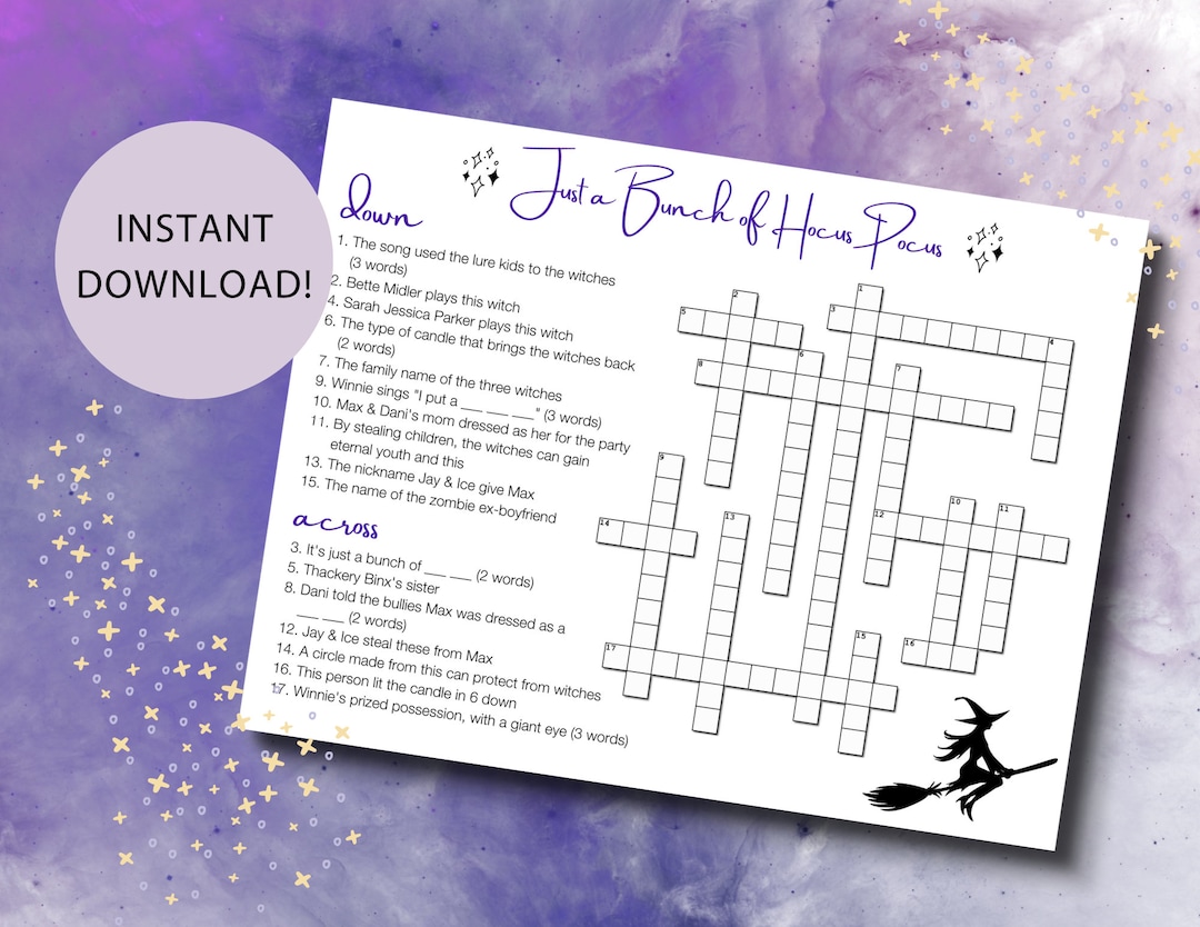 Hocus pocus party crossword puzzle printable | trivia | halloween game -  etsy