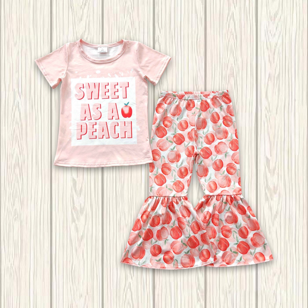 Peach Outfit, Girls Summer Bell Bottoms Set, Fruit Outfit, Peach Baby