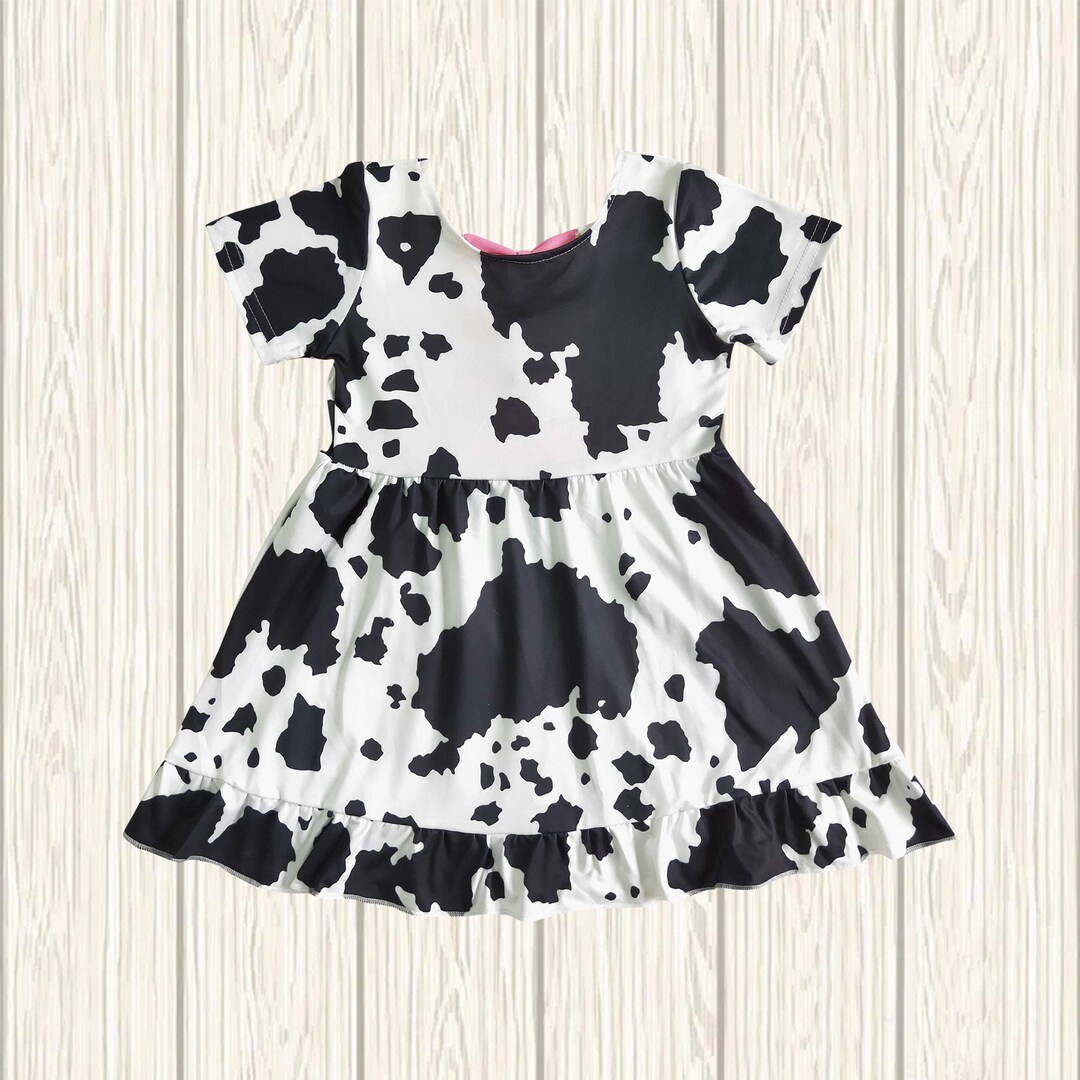 Cow Print Short Sleeve Dress, Baby Girls Farm Dress, Kids Cow Print