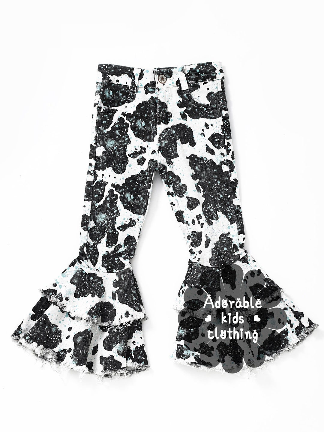 Cow Print Denim Bell Bottoms, Baby Girls Animal Cow Jeans Pants, Toddle Bell Bottoms,kids Bell