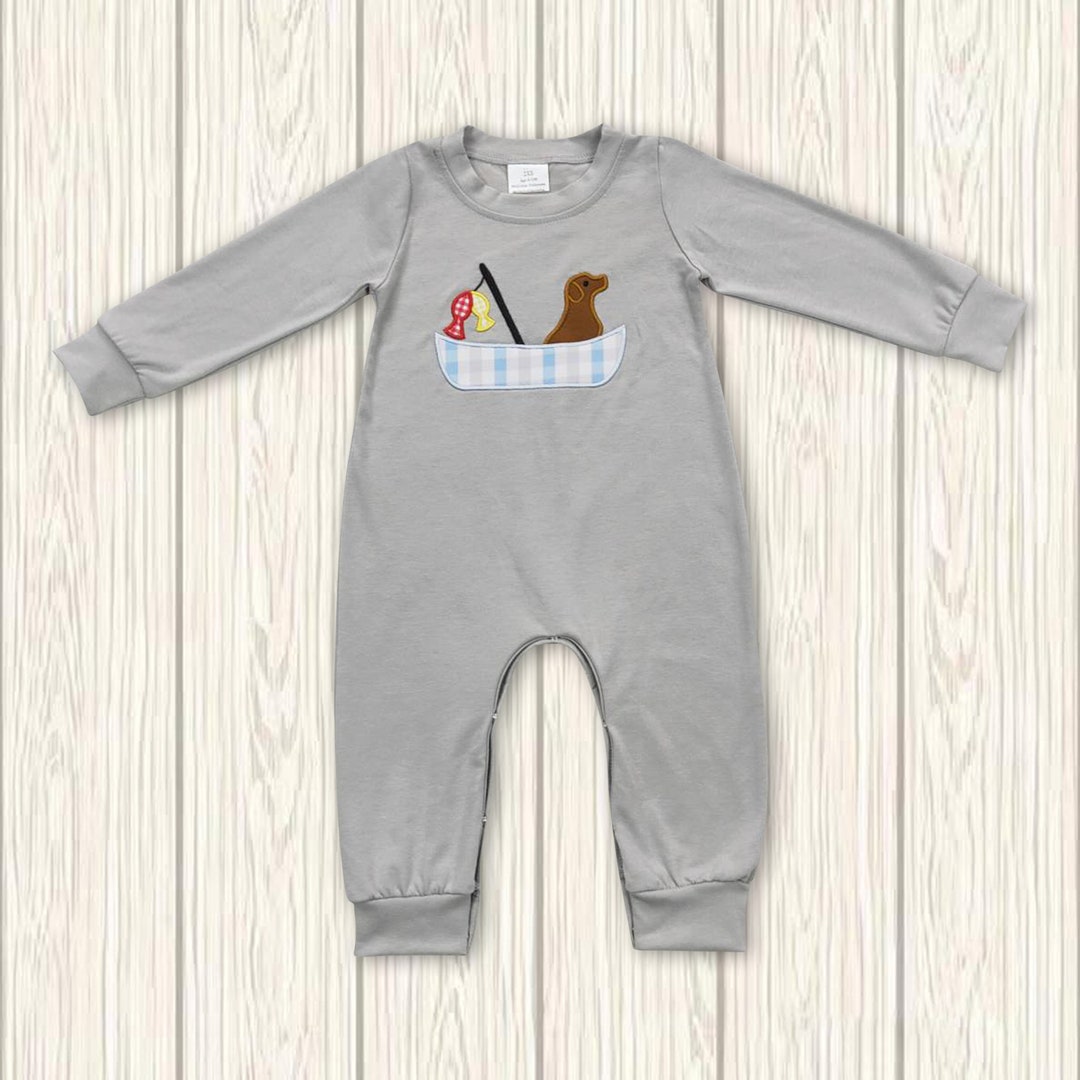 Embroidery Dog Fishing Romper,toddle Boy Long Sleeve Romper,baby Boy