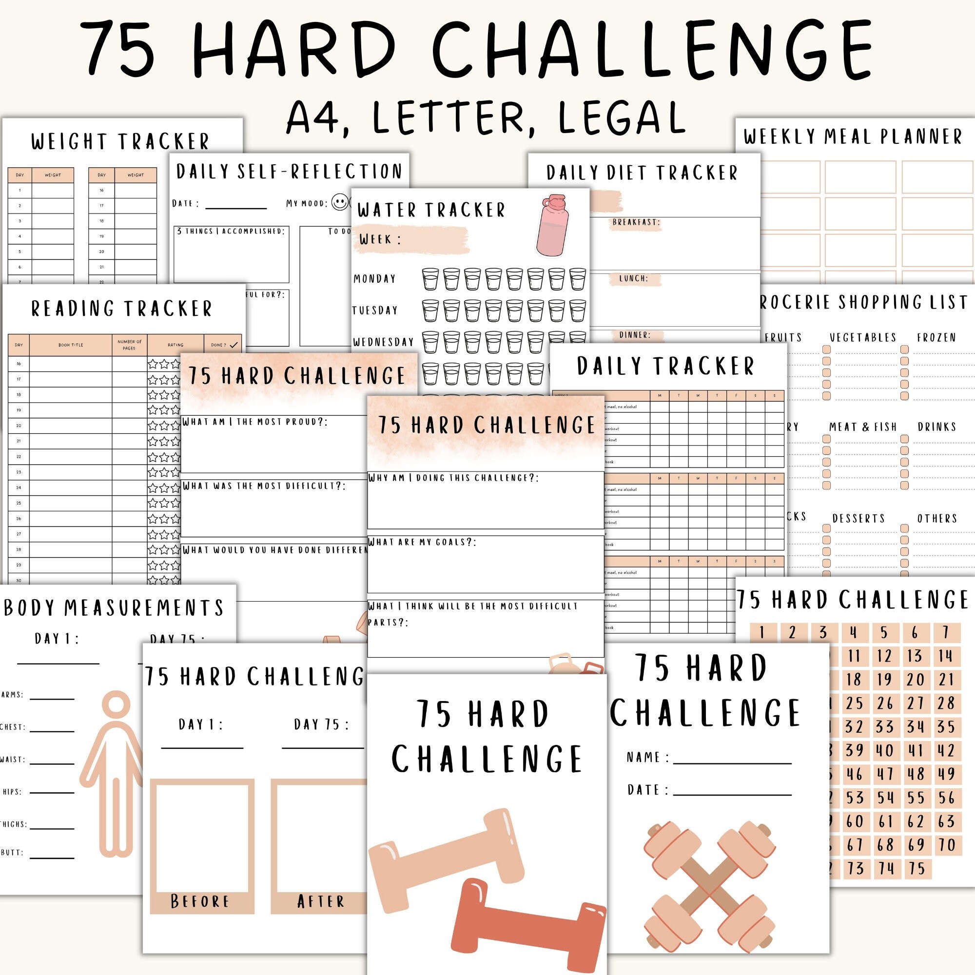 75 Hard Challenge Tracker, 75 Hard Challenge, Fitness Planner, Fitness