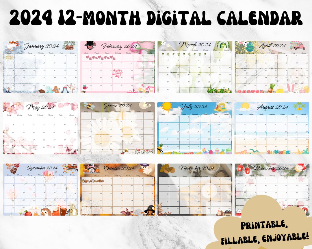 12 Month Calendar, Editable Template, Fillable, Digital Calendar, 2024 ...