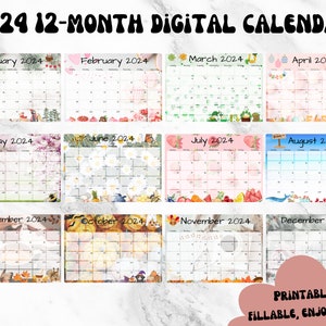 12 Month Calendar, Editable Template, Fillable, Digital Calendar, 2024 ...