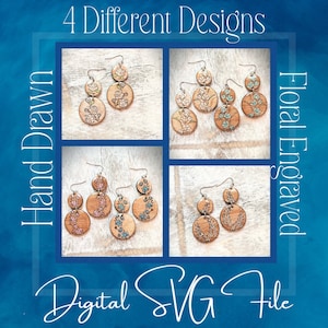 4 Different Hand Drawn *Engraved* Round Floral Earrings SVG Glowforge Laser  File