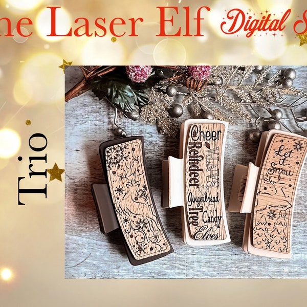 3 Christmas Design Engrave Hair Clip Digital SVG Laser File for Glowforge and Other Lasers