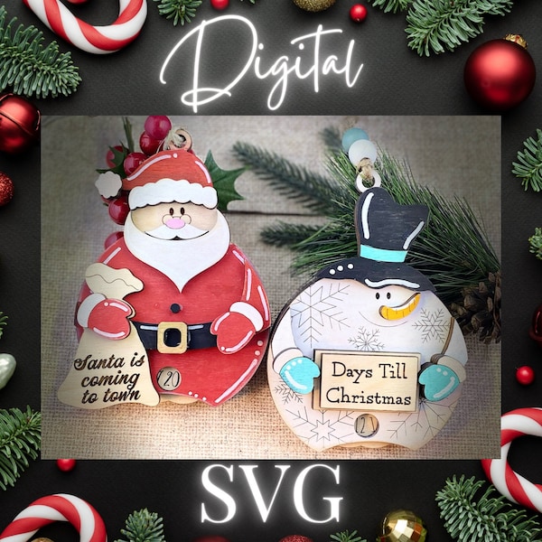 Santa and Snowman Countdown Ornament Digital Laser SVG File