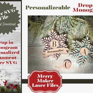 Drop In Monogramm Schneeflocke 2024 Personalisierbare Weihnachtsverzierung SVG Laser-Datei
