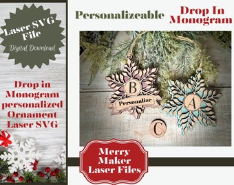 May include: Laser cut snowflake ornament SVG file for a personalized Christmas decoration. The design features a snowflake with a circle in the center for a monogram. The image shows two ornaments, one with a "B" and the other with an "A" in the center. The text "Personalize" is on a banner below the snowflake with the "B".