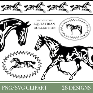 Vintage Style Equestrian Collection: Horse and Greenery Border Digital Clipart SVG and PNG Designs