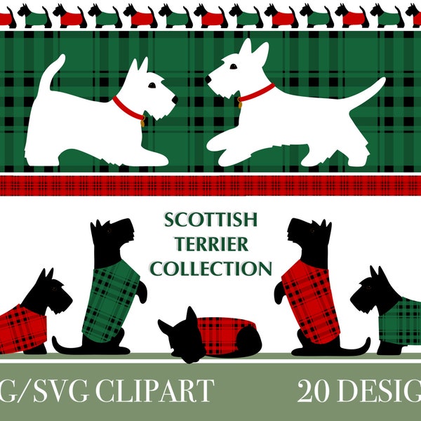 Scottish Terrier Collection: Scottie, Westie, and Plaid Border Digital Clipart SVG and PNG Designs