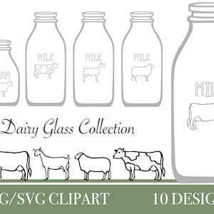 Dairy Glass Collection: Cow, Sheep, and Goat Milk Bottle Digital Clipart SVG and PNG Designs