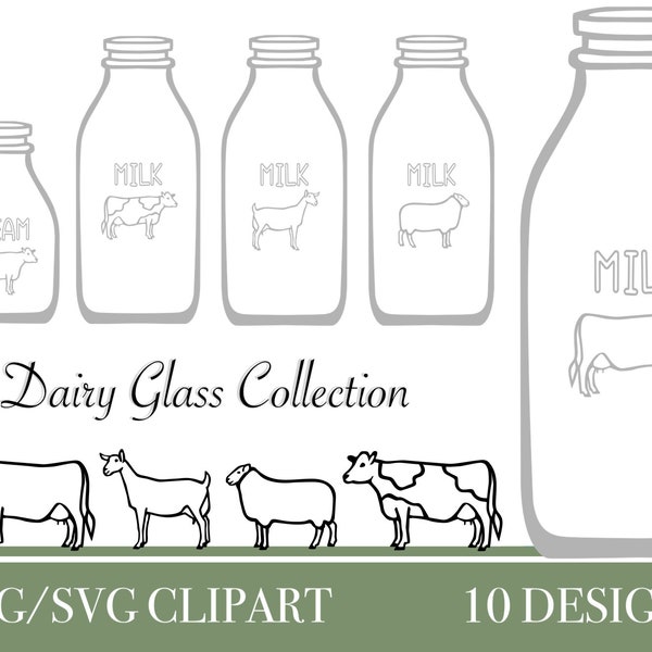Dairy Glass Collection: Cow, Sheep, and Goat Milk Bottle Digital Clipart SVG and PNG Designs