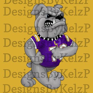 May include: A cartoon bulldog wearing a purple jersey with a white number "75" and a gold and purple collar with spikes. The bulldog is running and has a fierce expression on its face.
