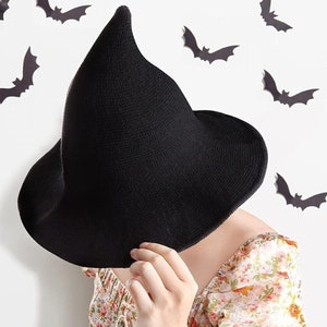 Black Witches Hat Wool - Halloween Witch - Costume Accessory- Fancy Dress - Pumpkin Woollen knitted Bat  - Witchcraft - Decor Decoration
