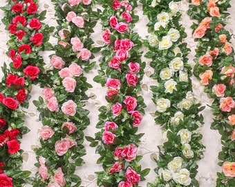 Flores de vid de seda de rosa artificial / Calcomanías de pared Plantas de vid / Flores de rosa falsas Guirnalda de ratán
