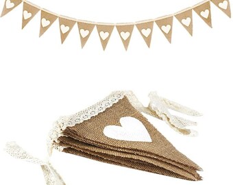 Love Heart Bunting Banner Hessian Garland Wedding Decor Decoration Rustic Lace