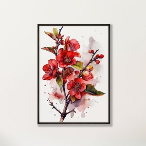 PRINTABLE Red Botanical Art, Watercolor Painting, Art Print, Digital Art, Flower Painting, Modern Decor, Printable Wall Art, Download,