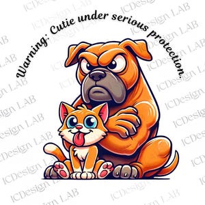 Ilustración divertida de perro y gato: 'Advertencia: belleza bajo seria protección' - Arte animal lindo y humorístico para amantes de las mascotas;