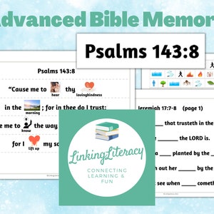 May include: A printable worksheet for learning Bible verses. The worksheet features the verse Psalms 143:8 and includes a fill-in-the-blank activity. The worksheet also includes a section for Jeremiah 17:7-8.
