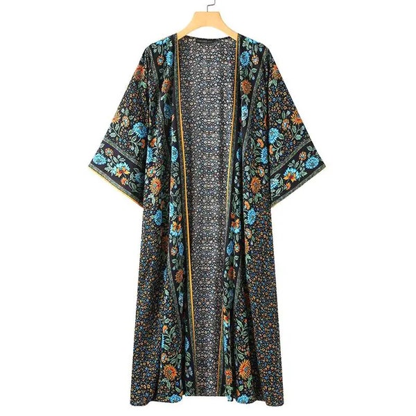 Women Duster Kimono Beach Cover Up Floral Print Vintage Long Sleeve Blouse Bohemian Women Summer Cardigan Kimono Floral Print Kimono KASHAF