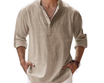 Men's Linen Shirt classic Long Sleeve Cotton Shirt Gift for Him Henley Hippie Beach Shirt Button Down Beach StandUp Collar Solid Color Shirt