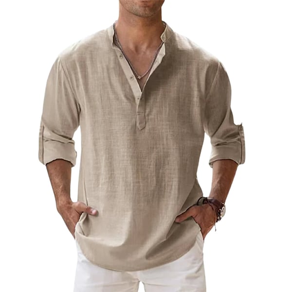 Chemise en lin homme classique à manches longues Chemise en coton à manches longues Cadeau pour lui Chemise de plage Henley hippie boutonnée Chemise de plage de couleur unie à col montant