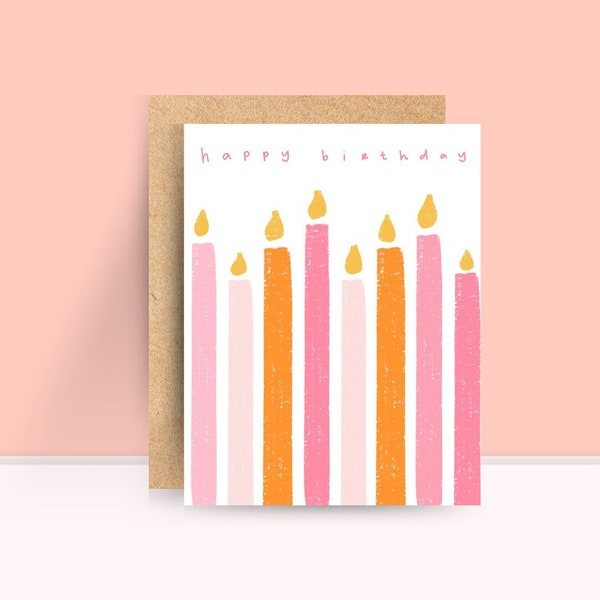 Happy Birthday Candle Card, Pink and Orange Bday Card, Blank Greeting Card, Hand Illustrated Card, Single Birthday Card