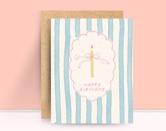 Hand Illustrated Birthday Card: Blue Stripe Bow Candle