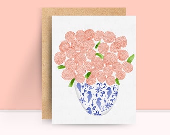 Roses in a Blue Vase Valentine, Vintage Card, Pink Roses Mother’s Day, Set of 6 Valentines, Watercolor Florals, Blue and White China