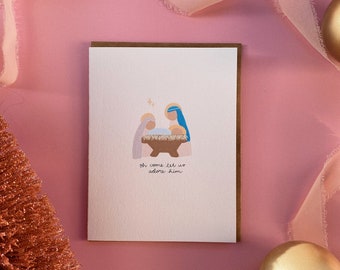 Oh Come Let Us Adore Him Christmas Card, Religious Christmas Card, Nativity Scene Card, Jesus Christmas Card, Hand Illustrated Card