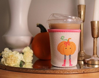 Girly Pumpkin Iced Coffee Sleeve: Halloween Fall Drink Cover