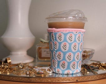 Blue Floral Coffee Sleeve, "Grandma Core" Drink Cover