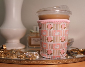 Pink Floral Swan Coffee Sleeve: Grandma Core Iced Drink Cover, "The Micayla"