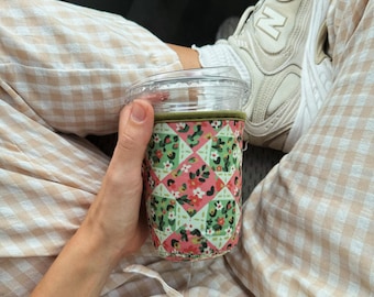 Patchwork Iced Coffee Sleeve: Pink and Green Floral Coffee Drink Cover