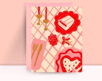 Pink Table Scape Card: Valentine's Day Illustrated Greeting Card