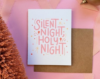 Silent Night Holy Night, Christmas Carol Card, Retro Christmas Card, Bright Holiday Card, Fun Christmas Card, Set of 6 Christmas Cards