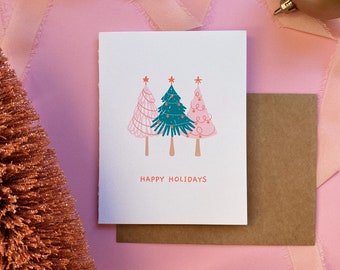 Pink Tree Holiday Card , Girly Holiday Card, Pink Pine Tree Card, Trendy Holiday Card, Christmas Tree Card, Set of 6 Holiday Cards