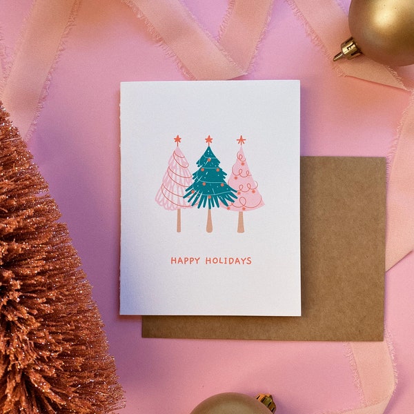 Pink Tree Holiday Card , Girly Holiday Card, Pink Pine Tree Card, Trendy Holiday Card, Christmas Tree Card, Set of 6 Holiday Cards