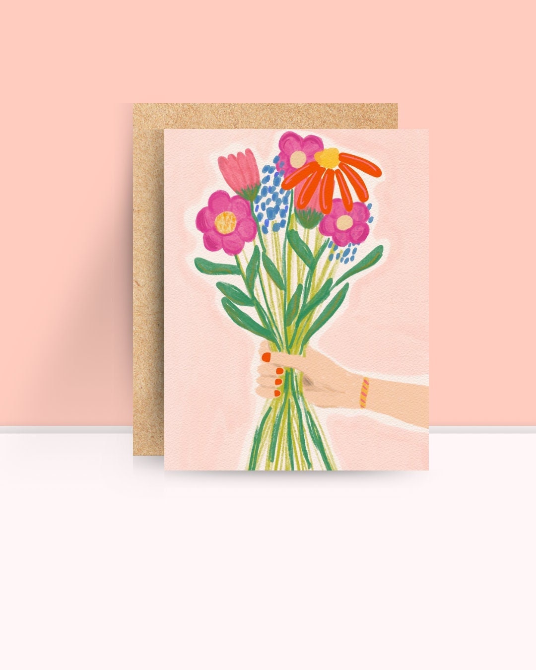 Flower Bunch Card, Pink Floral Card for Anniversary, Flower Bouquet ...
