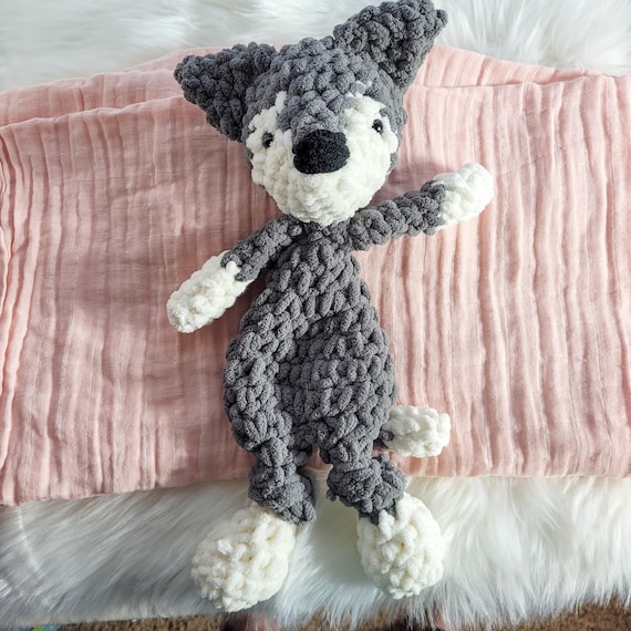 Crochet Wolf Lovey Snuggler Stuffed Animal Security Blanket Wolf Baby Shower Woodland Nursery Decor