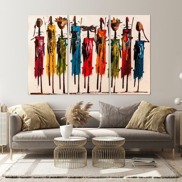 Abstract African Wall Art, Masai Canvas Print, Colorful African Painting, African Wall Decor, African Art, African Triptych Large Canvas Art