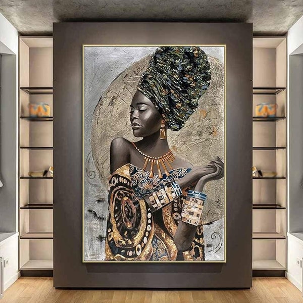 Afrikaanse vrouw kunst, Afrikaanse vrouw canvas, zwarte vrouw print, Afrikaanse vrouw schilderij, etnische vrouw kunst, gouden glitter vrouw wand decor