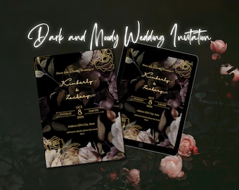 Op de afbeelding: Donkere en sfeervolle trouwuitnodiging met een bloemenontwerp en gouden accenten. De uitnodiging bevat de namen Kimberly & Zachary, de datum 8 oktober 2024 en de tijd 15:00 uur. Het ontwerp staat tegen een donkere achtergrond.