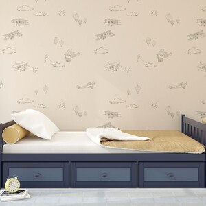 Airplane Boys Wallpaper, Paxton, Clouds Hot Air Balloon Plane Peel and Stick, Removable Wallpaper, Fabric Wallpaper, Boys Room